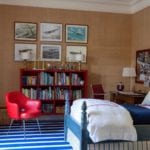 boys-bedroom-blue-white-stripes-beige-tan-grasscloth-grass-cloth-wallpaper-on-ceiling-books-bookshelf