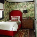 gregory-shano-boys-bedroom-red-headboard-bed-persian-rug-brown-furniture-antiques-sanderson-hunt-equestrian-wallpaper