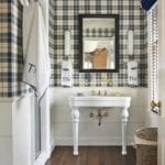 kids-bathroom-shiplap-walls-design-ideas-bathroom-yellow-shiplap-plaid-tartan-wallpaper-pedestal-sink-monogrammed-linens