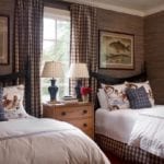 sophisticated-boys-room-guest-room-twin-beds-grasscloth-wallpaper-fish-wildlife-buffalo-check-plaid-curtains-james-farmer