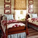 tom-scheerer-boys-bedroom-classic-traditional-twin-beds-quilt-striped-rug-faux-bois-wood-wallpaper-duck-aviary-prints-art-framed-matchstick-blinds