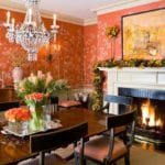 traditional-chinoiserie-dining-room-hand-painted-wallpaper-gracie-decorated-for-christmas-holidays-fireplace-crystal-chandelier-antique-sideboard