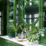 Shazalynn Cavin-Winfrey green lacquered wet bar mirrored backsplash gold brass faucet accents