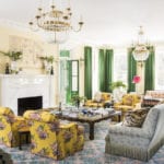 Shazalynn Cavin-Winfrey living room chintz emerald green silk curtains fireplace crystal chandelier