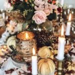 elegant-fall-tablescape-thanksgiving-white-pumpkins-pink-roses-pinecones-mercury-glass-brass-candlesticks-tabletop-entertaining-ideas