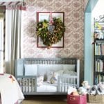 catherine-olasky-girls-room-Oeuf toddler bed is topped with a comforter Schumacher fabric