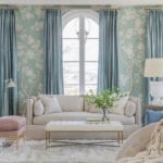 1 rachel-parcell-master-bedroom-home-tour-hollywood-regency-glamorous-blue-white-silk-curtains-gracie-wallpaper-hand-painted-wallpcoverings-chinoiserie