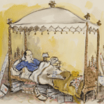 A WATERCOLOUR DRAWING OF MARIO BUATTA IN BED, BY KONSTANTIN KAKANIAS FOR THE NEW YORK TIMES, CIRCA 1988
