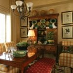 french-country-breakdfast-nook-botanical-prints-framed-staffordshire-dogs-majolica-buffalo-check-plaid-chairs-yellow-white