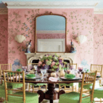 mario-buatta-pink-chinoiserie-dining-room-hand-painted-green-trellis-carpet