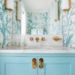 amy-corley-interiors-brunschwig-fils-bird-thistle-aqua-wallpaper-bathroom-painted-cabinets