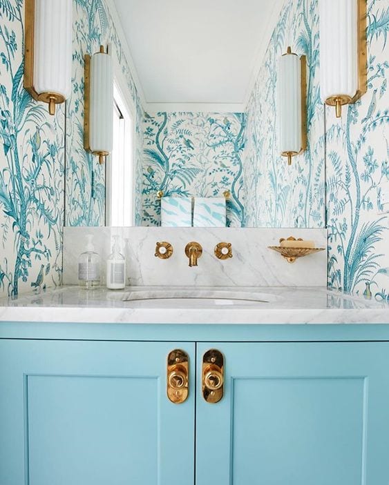amy-corley-interiors-brunschwig-fils-bird-thistle-aqua-wallpaper-bathroom-painted-cabinets  - The Glam Pad