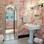brunschwig-fils-bird-thistle-red-toile-bathroom-pedestal-sink-black-white-penny-tile