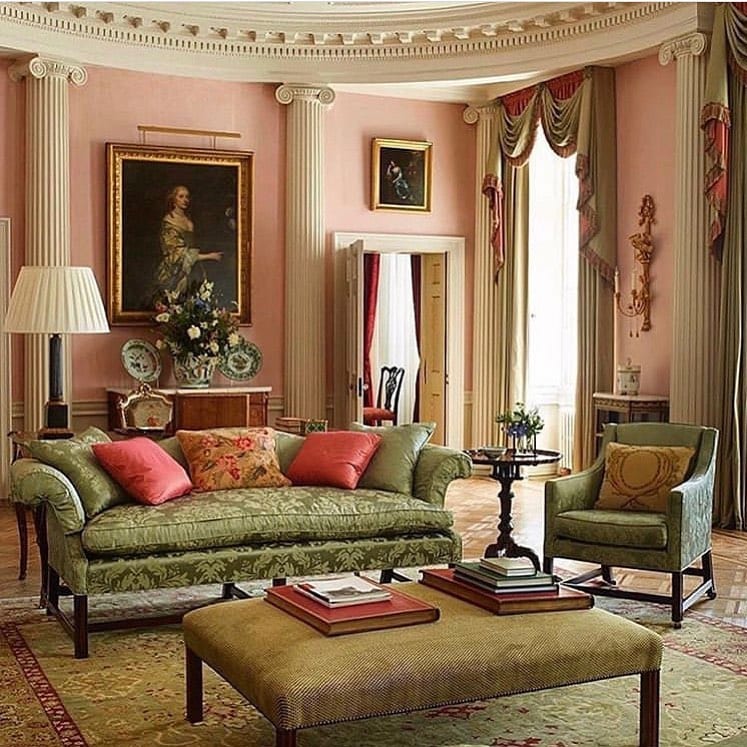 janie-money-colefax-fowler-pink-living-room-green-damask-sofa-silk-oil ...