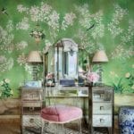 traditional-mario-buatta-gracie-hand-painted-chinoiserie-wallpaper-mirrored-dressing-table-vanity-lucite-chair-hollywood-regency-glamour