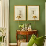 Minnette Jackson Nashville Tennessee living room calk green paint farrow ball velvet chintz brass lamp shades