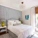 Minnette Jackson blue white bedroom toile de nantes pierre frey wallpaper fabric upholstered walls headboard