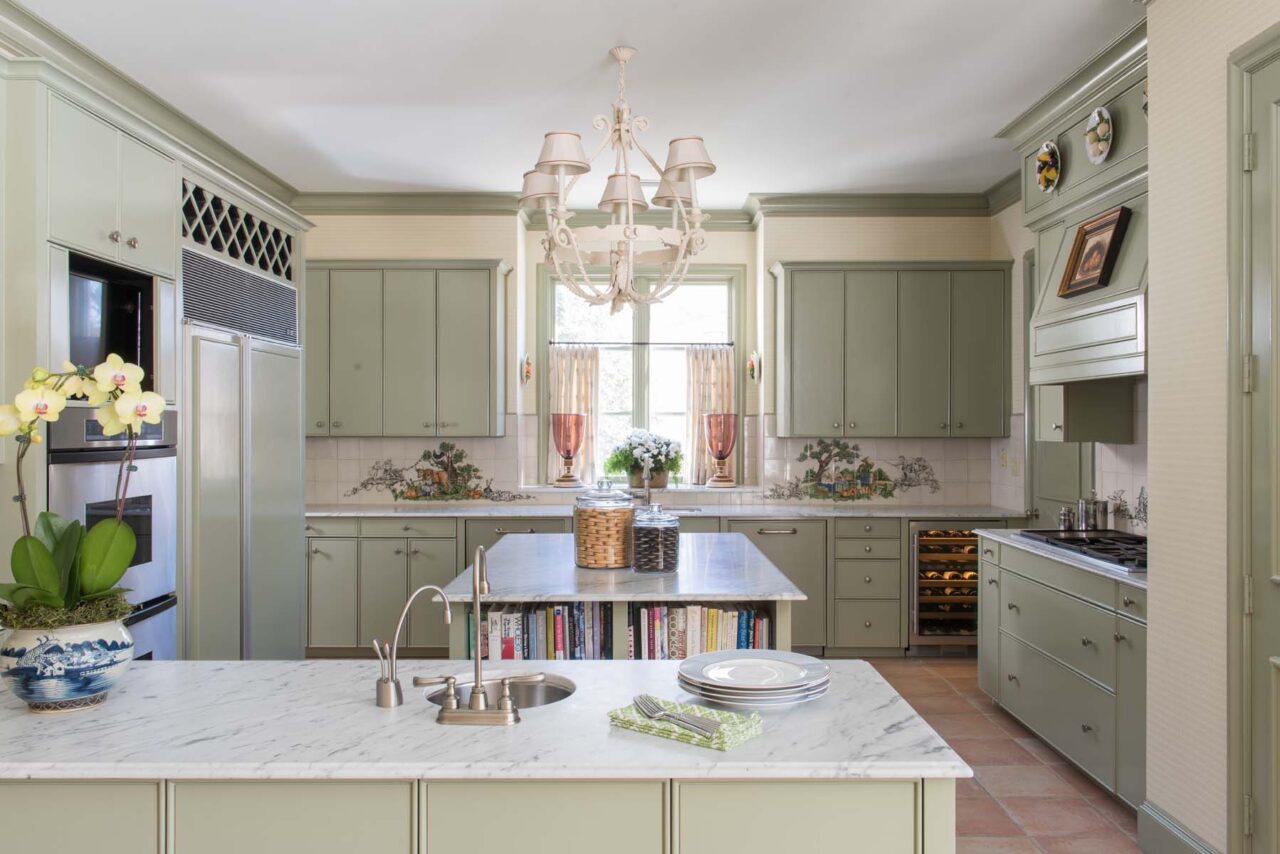 The Pad - Glam cathy-kincaid-interior-design-sage-green-kitchen-cabinets-painted-danby-marble-imperial