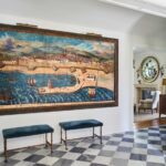 peter-dunham-southern-california-newport-big-canyon-entrance-hall-black-white-marble-floors-large-abstract-art-benches