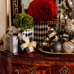 stephanie-booth-shafran-youre-invited-interior-design-christmas-holiday-style-black-white-red-gold-greek-key-ribbon-presents