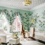 Dina-Bandman-Interiors-Lemon-Drop-Nursery-de-Gournay-wallpaper-Chinoiserie-Lucite-crib-grandmillennial-treliiage-trellis-ceiling