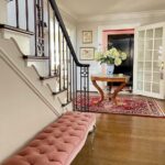 entrance-foyer-antique-rug-pink-velvet-hollywood-regency-glam-tufted-bench