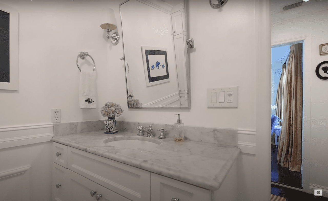 carrera-white-marble-bathroom-monogrammed-linens-restoration-hardware - The  Glam Pad