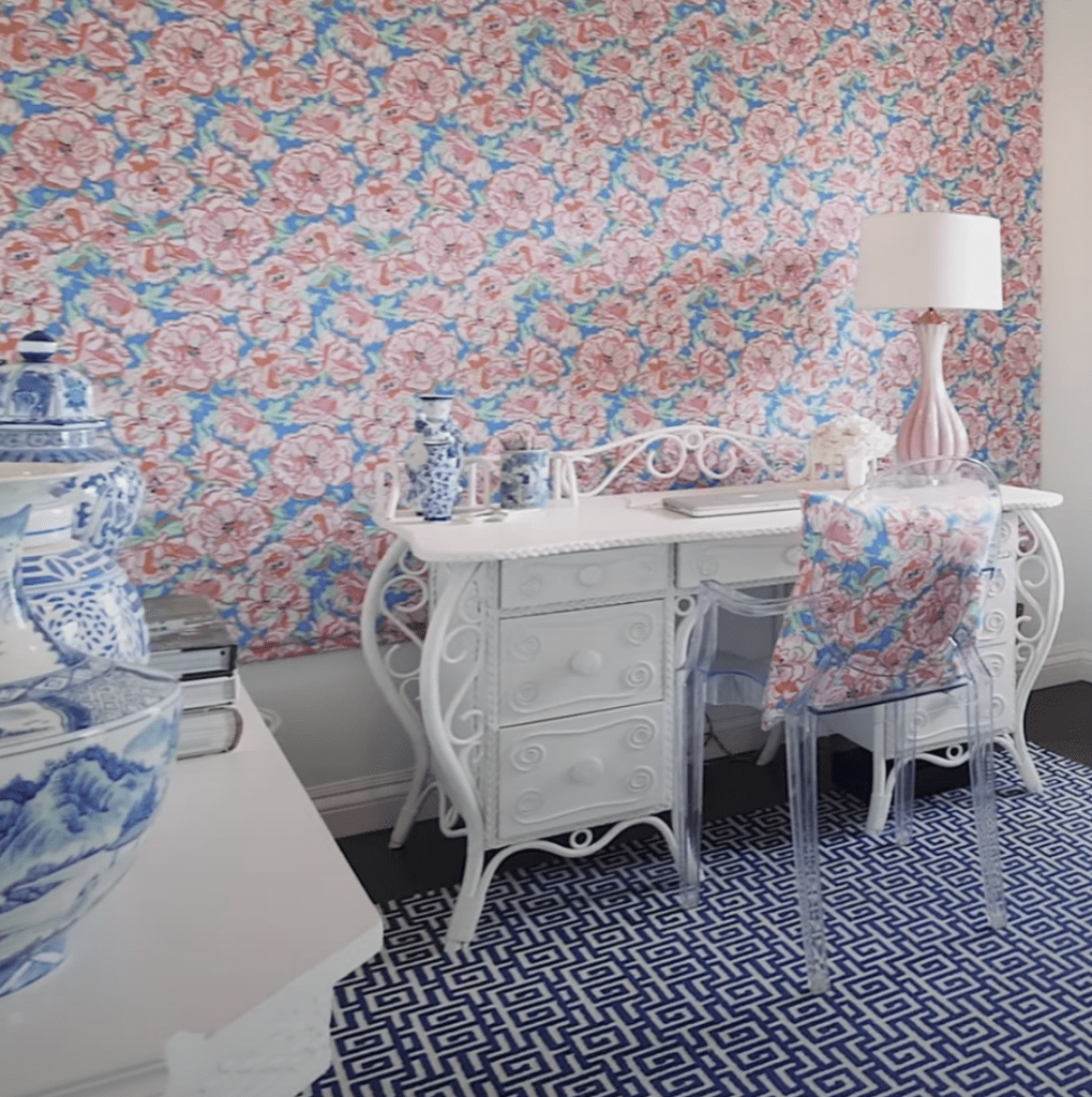 Lilly Pulitzer Desk Wallpaper Stark Rug Blue White Chinoiserie Porcelain Vintage Pink Murano Lamp The Glam Pad