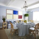 cece-barfield-house-tour-gramercy-park-dining-room-ticking-stripe-pindler-upholstered-walls-william-turnbull-lithographs
