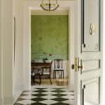 elizabeth-dinkel-brentwood-california-entry-hall-degournay-wallpaper-green-black-white-checkerboard-marble-floors