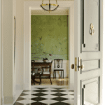 elizabeth-dinkel-brentwood-california-entry-hall-degournay-wallpaper-green-black-white-checkerboard-marble-floors