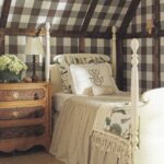 brown-white-gingham-buffalo-check-print-wallpaper-upholstered-walls-attic-bedroom-monogrammed-linens