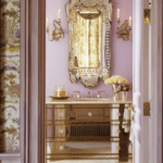 kendall wilkinson mirrored bath vanity venetial mirror sconces lilac purple lavendar painted walls