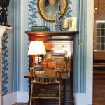 quadrille-schumacher-climbing-hydrangea-wallpaper-blue-white-secretary-desk-antiques-staffordshire-blue-and-white