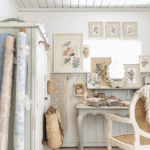 shabby-chic-cottage-core-coquette-she-shed-craft-room-blue-linen-cottage-framed-antique-botanical-prints